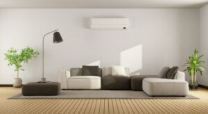 modern-living-room-with-ductless-air-handler-on-wall